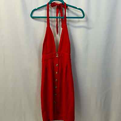 #ad Vernacular Red Halter Deep V Neck Button Front Dress Small NWT $19.99