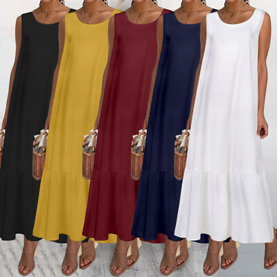 #ad Women Ruffles Beach Sundress Casual Loose Sleeveless Party Long Dress Kaftan $12.79