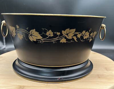 #ad Vintage Antique Black W Gold Painted Ivy Toleware Pedestal Bowl With Handles $44.99