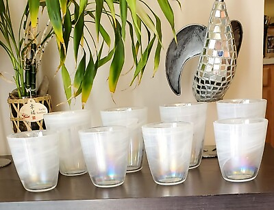 #ad Set Of 8 Irredescent Pearl White Swirl Drinking Glasses Bar Juice Glasses $64.99