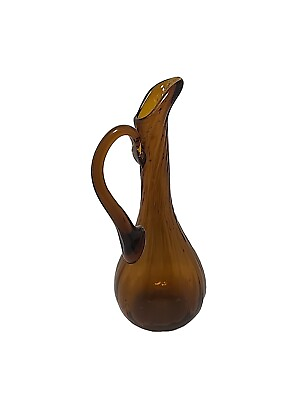 #ad Vintage Blown Glass Brown Twisted Pitcher Vase $10.50