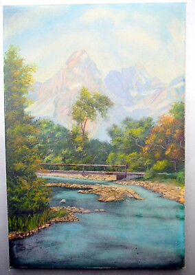 #ad 1930#x27;s Vintage M.J. PARKS oil PAINTING old MOUNTAIN Landscape FOREST Stream $250.00