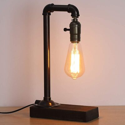 #ad Industrial Loft Style Steam Punk Lamp w Wood Base Iron Piping Desk Lamp Bedside $21.98