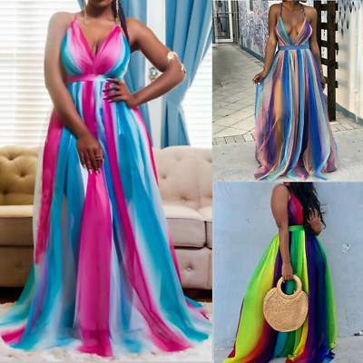 #ad Women Bandage Chiffon Rainbow Stripes V neck Pleated Sexy Beach Long Party Dress $36.18