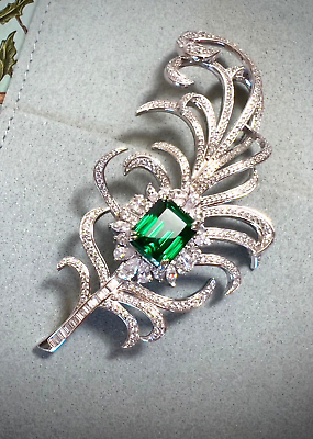 #ad Retro Feather Shape 3CT Lab Created Emerald Brooch Pendant White Gold Plated C $225.00