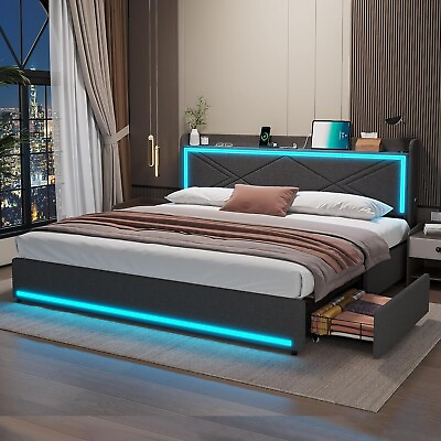 #ad King Size Upholstered Platform Bed Frame with Storage Headboard and LED Lights $339.97