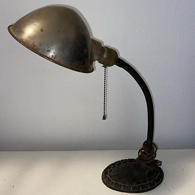 #ad Vtg Deco Industrial Machine Age Gooseneck Desk Lamp Cast Iron Base Works $64.78
