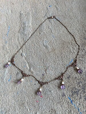 #ad Collar Necklace Romantic Dangle Brass Beaded Brocade Pearl Romantic Purple $19.16