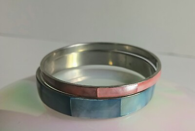 #ad Two Vintage Mother of Pearl Shell Inlay Pink and Blue Stackable Bangle Bracelets $36.30