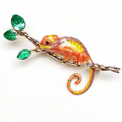 #ad Brooch Colourful Lizard Orange Yellow Chameleon Green Leaves Lovely Unisex Pin $5.99