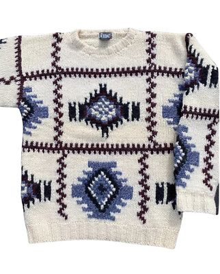 #ad VTG Inc Aztec Shetland Wool Cream Burgundy Black Blue Chunky Sweater Men’s M EUC $37.99
