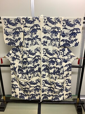 #ad Japanese Vintage Kimono pure silk White navy blue village grass Height 58.26inch $58.00
