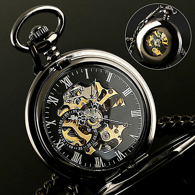 #ad Mens Pocket Watch Mechanical Black Steampunk Skeleton Retro Chain Luxury Classic $19.98