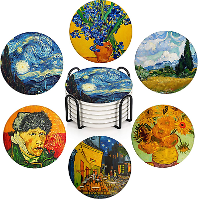 #ad Coaster for Drinks Set of 6 Painting Cafe House Colorful Absorbent round Cerami $24.99