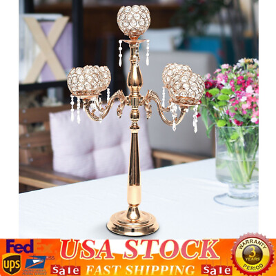 #ad 75CM 5Arm Glass Crystal Gold Candelabra Votive Candle Holder Wedding Centerpiece $38.95