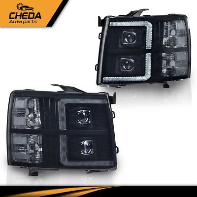 #ad Fit For 2007 2014 Chevy Silverado Headlights Lamps Black Housing Smoked Lens NEW $163.99
