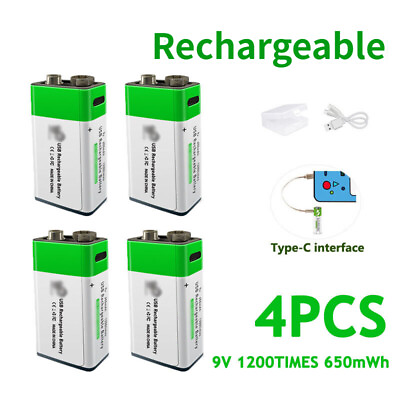 #ad 4PCS Li ion USB Rechargeable Battery 650mWh 9V Battery Fast Charge Type C Cable AU $64.98