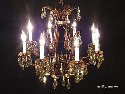 #ad Antique 8 Light Italian Burnished Gold Tole AMBER Crystal BIRDCAGE Chandelier $950.00