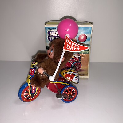 #ad Vintage MONCHICHI Monkey On Metal Tin Tricycle Bicycle Wind Up Toy Works Great $62.70