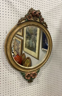 #ad VINTAGE WOOD CARVED OVAL MIRROR FLOWERS Cottage Living 32x24 $95.00