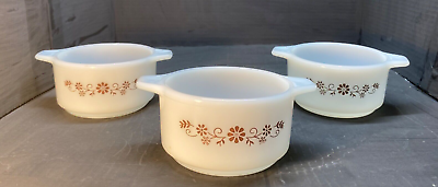 #ad 3 Vintage DYNAWARE PRY O REY White Milk Glass Brown Daisy soup casserole bowls $25.00