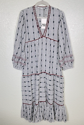 #ad Zara Dress Women Small Stripe Embroidered Tiered Boho Long Midi Kaftan Beach NEW $59.99