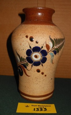 #ad Art Pottery MEXICO Blue Floral Spot Glazed Flower Vase Vtg $26.00