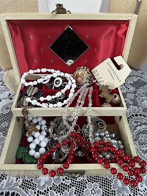 #ad Vintage estate jewelry lot with Vintage Jewelry box Monet Trifari AB Cameo $60.00