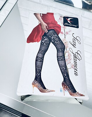 #ad Black Floral Lace Fishnet Pantyhose Stockings Tights Small $14.99