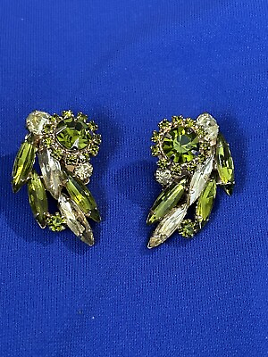 #ad Vintage Green Rhinestone Earrings Clip on Julianna Style Goldtone Prom Cocktail $24.50