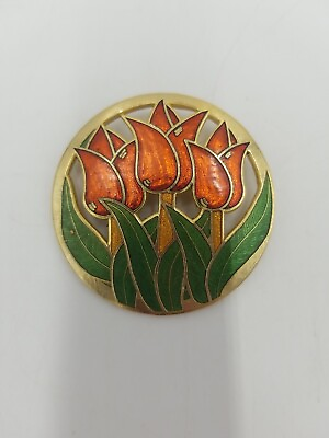 #ad Vintage Behave Enameled Red Tulip Flowers Round Gold Tone Brooch $12.99