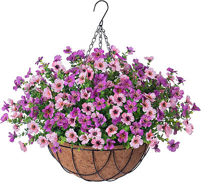 #ad Outdoor Indoor Hanging Daisy Basket with Eucalyptus Leaves Purple Pink $53.89
