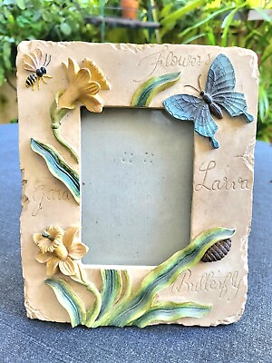 #ad Distressed Stone Like Tabletop Frame Fits 3.5quot;x5quot; Photo W Bee Butterfly Flowers $13.99