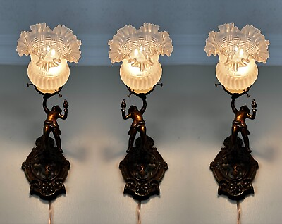#ad Matching 3 Antique Vintage Brass amp;Glass Sconces With Angel French Lamp Wall Lamp $1245.00