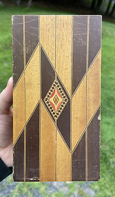 #ad Antique Vintage Inlaid Geometric Art Deco Wooden Hinged Box $55.00