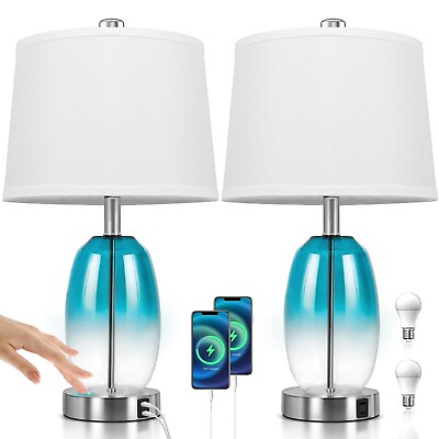 #ad Table Lamps Set of 2 Touch Control 22.4quot; Modern Coastal Teal Blue Glass Beds... $80.09