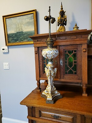 #ad Antique Porcelain Dresden or French Lamp Converted Kerosene Brass Base c1880 $475.00