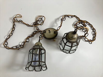 #ad Vintage Double Clear Glass Chain Brass Swag Hanging Lamps Light Fixture MCM $125.00