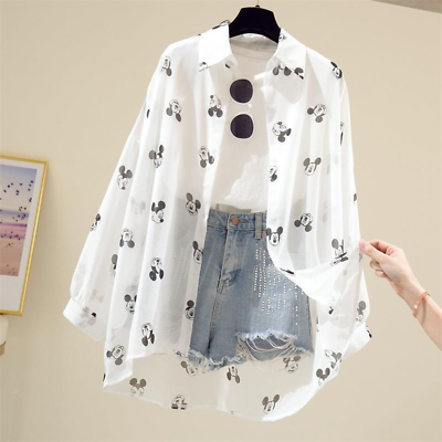 #ad Women#x27;s Mickey Mouse Print Long Sleeve Tops Loose Fit White Blouse Casual Shirt $15.98