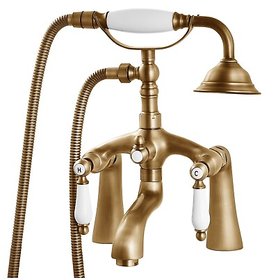 #ad Aolemi Antique Brass Deck Mount Clawfoot Tub Faucet with Handheld Spray and Bath $129.00