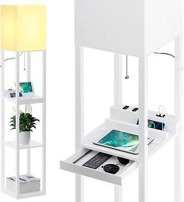 #ad SUNMORY Dimmable Floor Lamp with Shelves Modern Solid Wood Standing Lamp White $75.58