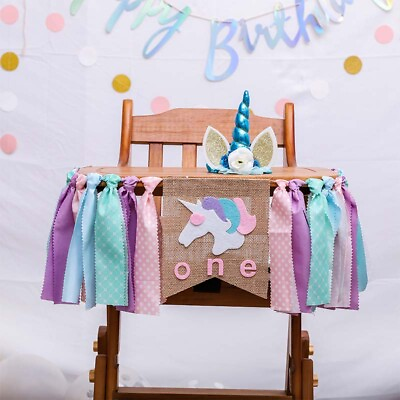 #ad 1pc Dining Chair Banner Unicorn Party Theme Girl Kids 1st Birthday Pull Flag ONE GBP 7.11
