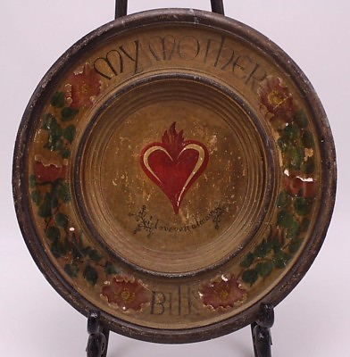 #ad A Mother I Love You Bill Folk Art Antique Painted Wood Plate Bavaria Denny Igel $62.99