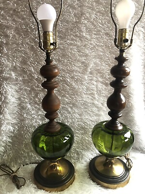 #ad 2 Vintage Mid Century Modern Green Glass Lamps Wood And Brass Base SET $169.99