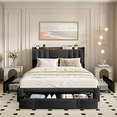 #ad Bed Frame with 4 Storage Drawers and Charging StationUpholstered PU Modern 2024 $219.78