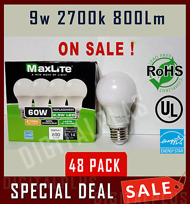 #ad Lot Of 48 Maxlite 9.5w LED Bulb 60 watt replace A19 Soft White 2700K Light 60w $74.99