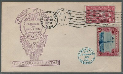 #ad US First Flight Cover 1927 France Sc 243 w 1928 Decatur Illinois cds US Sc c11 $34.65