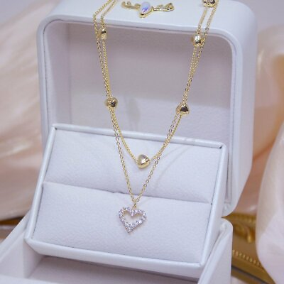 #ad Gold Plated Double Layer Necklace Zircon Women Choker Chain Party Heart Pendant $1.47