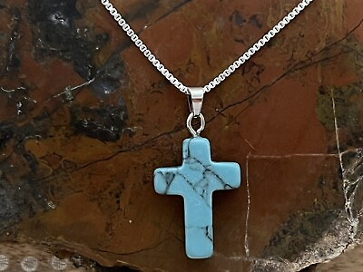#ad New Pretty Turquoise Cross Pendant On 925 Silver Chain Necklace $12.00