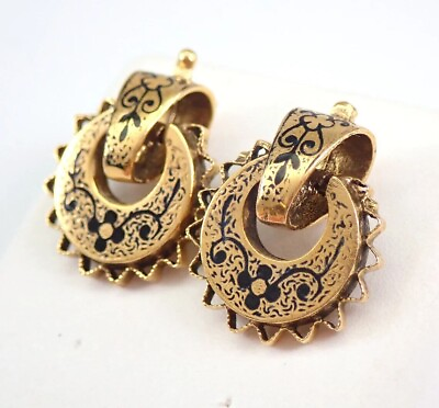 #ad Vintage Estate Antique Women#x27;s Enamel Earrings Yellow Gold Plated Push Back Stud $153.74